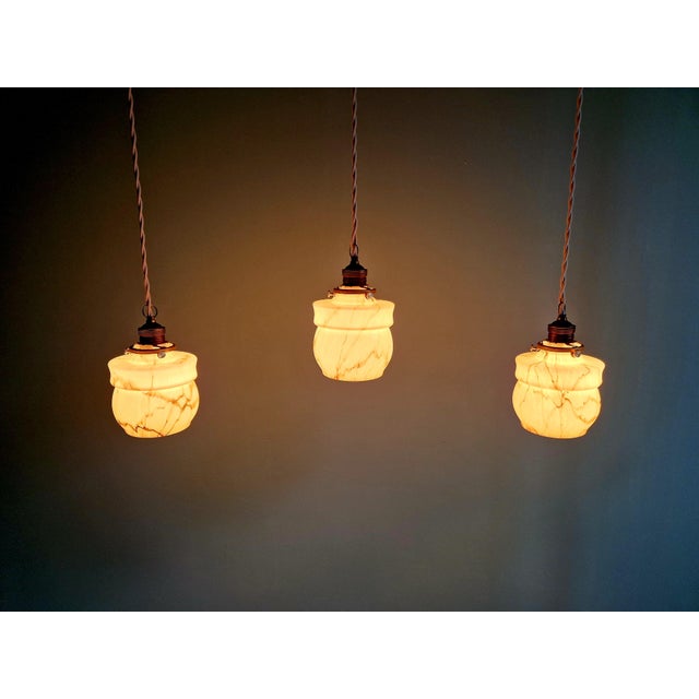 Art Deco Pendant Lights in Opaline and Marbled Uranium Glass from Scailmont, Belgium, 1930s, Set of 3 For Sale - Image 10 of 18