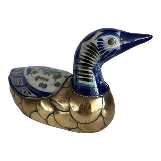 Sergio Bustamante Style Vintage Ceramic and Brass Bird Table Sculpture For Sale