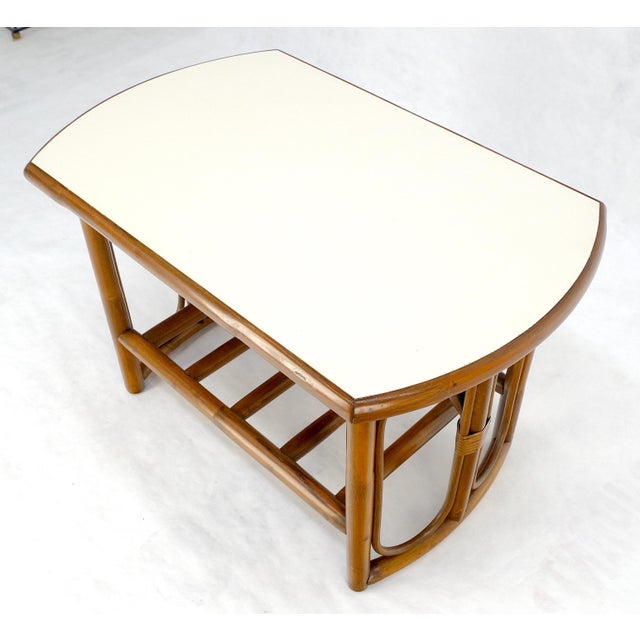 Bamboo Rattan Side End Table Mid Century Modern c1970s White Laminate Top MINT For Sale - Image 6 of 16
