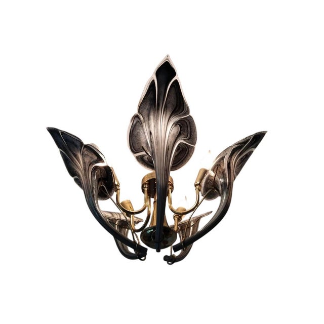 Vintage Black Murano Glass Vintage Chandelier, Lily Floral 1980s 5-Light Flush Mount For Sale - Image 6 of 13