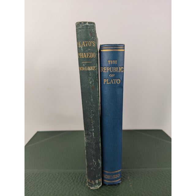 Antique Plato Phaedo 1875 & Republic 1907 Blue Green Gold Gilt Books - Pair For Sale - Image 4 of 18