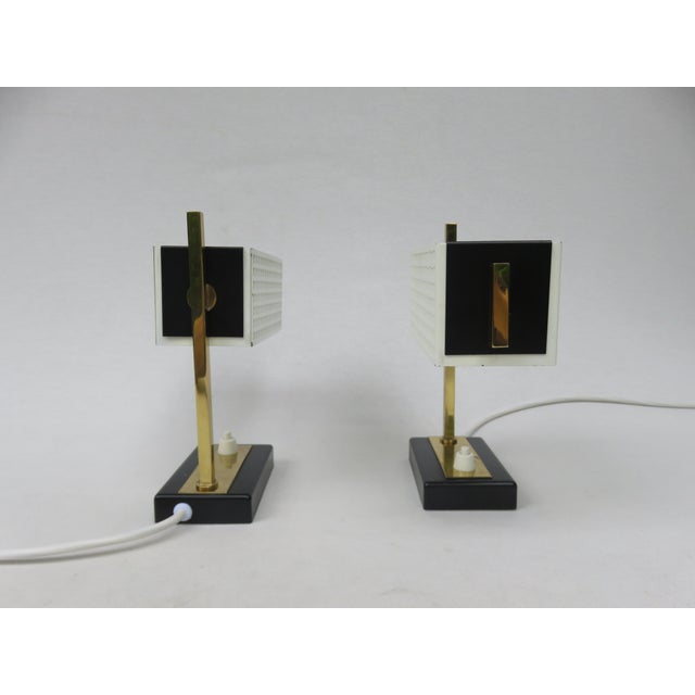 Metal Small Mid-Century Brass, Black & White Bedside Table Lamps, 1950s, Set of 2 For Sale - Image 7 of 18