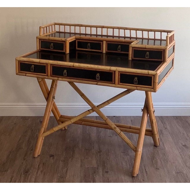 Campaign 1960s Campaign Faux Bamboo & Black Lacquer Writing Desk, Attributed to E. Murio For Sale - Image 3 of 12