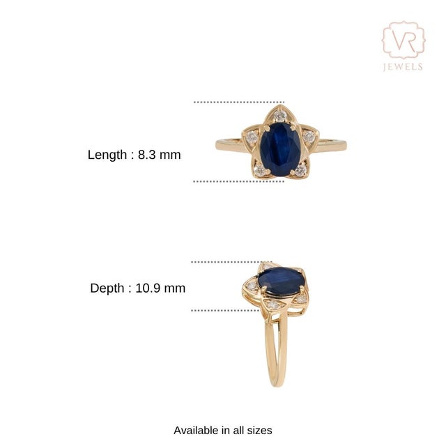 14k Yellow Gold 1.3ct Oval Deep Blue Sapphire & Diamond Star Cluster Ring Size 5.5 For Sale - Image 12 of 18
