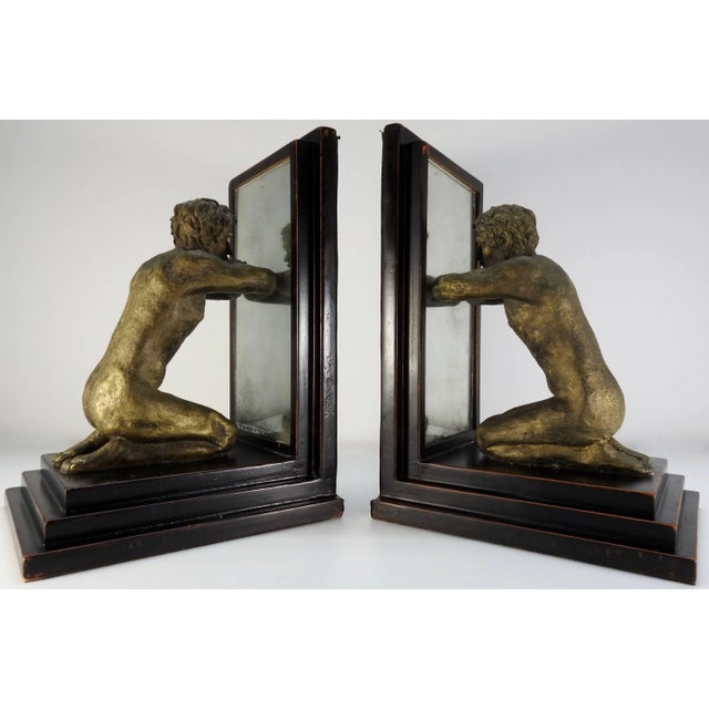 1950s Mid-20th Century Kneeling Men on Wooden Bookends With Mirrors For Sale - Image 5 of 11