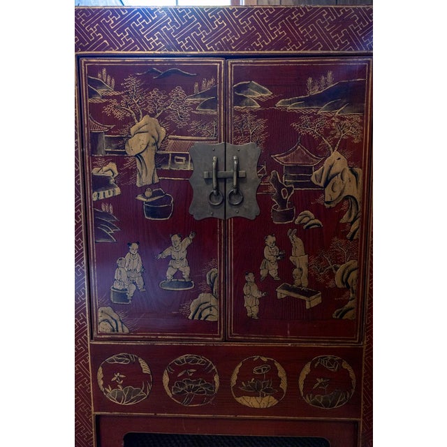 Rare Pair of 19th Century Chinese Red Lacquer Chinoiserie Cabinets For Sale - Image 10 of 16