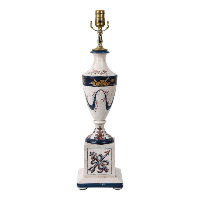 Vintage White and Blue Hand Painted Wooden Urn Table Lamp For Sale