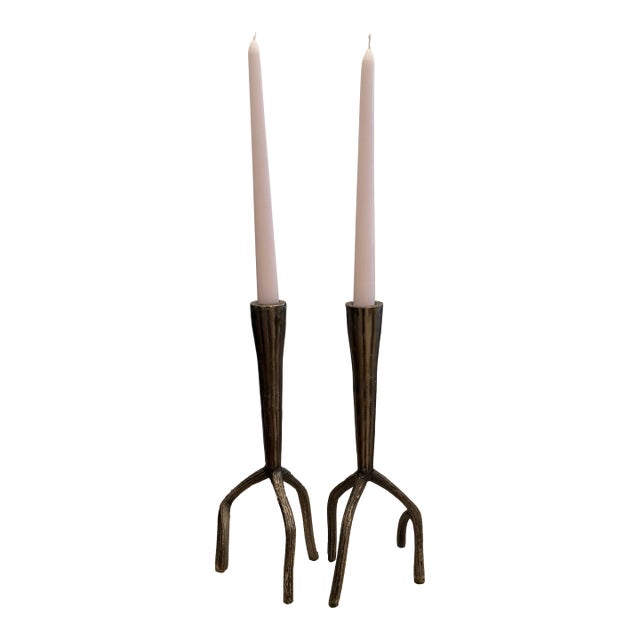 Brutalist Sculptural Iron Candle Holders – Organic Branch Form Taper Candlesticks (Pair) For Sale