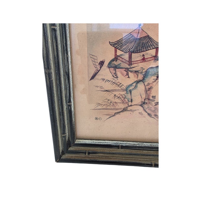 Pair of Mid-Century Antique Japanese Landscape Watercolors - Ebonized Bamboo Framed For Sale - Image 13 of 15