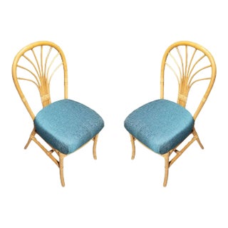 1980s Restored Rattan Fan Back Dining Chairs, Pair For Sale