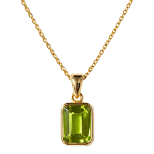 Natural Peridot Emerald Cut Bezel Set Pendant, August Birthstone Statement Pendant for Women