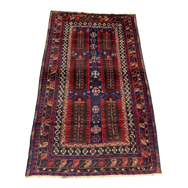 Vintage Afghan Baluchi Hand-Knotted Rug With Geometric Tribal Design in Navy Rug For Sale