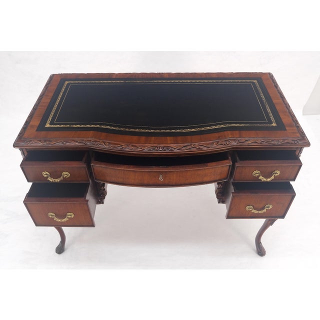 Black Carved Mahogany Embossed Black Leather Top Petit Compact 5 Drawers Desk MINT For Sale - Image 8 of 14