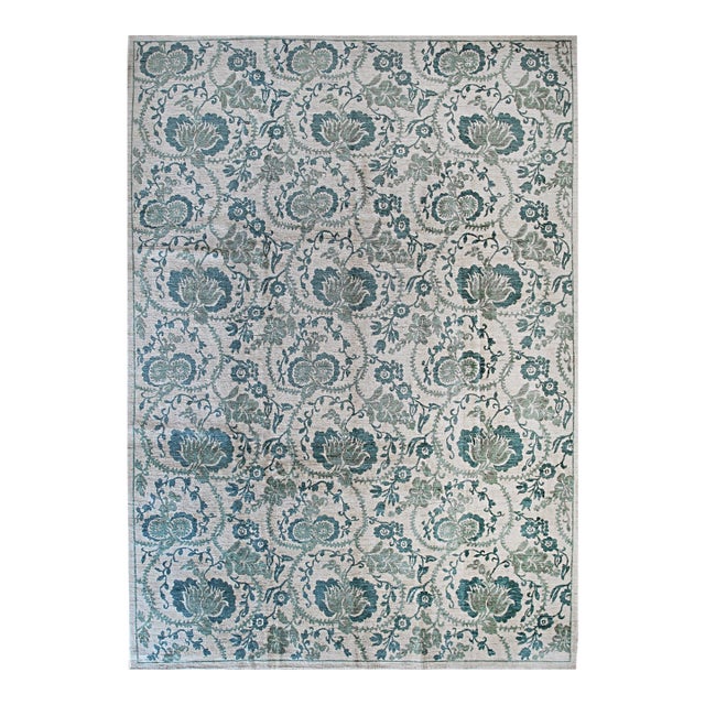 8x10 Cassandra Bianca Green Classic Floral Hand Knotted Afghan Wool Carpet Rug For Sale