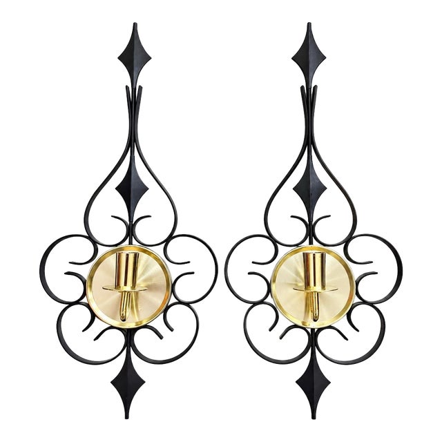 Vintage Mid-Century Modern Black & Gold Atomic Wall Sconces | Pair For Sale