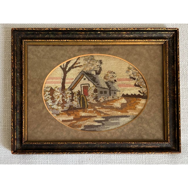 Set of 2 Antique Mini French Petit Point Needlework Framed Art - Cottages For Sale - Image 4 of 12