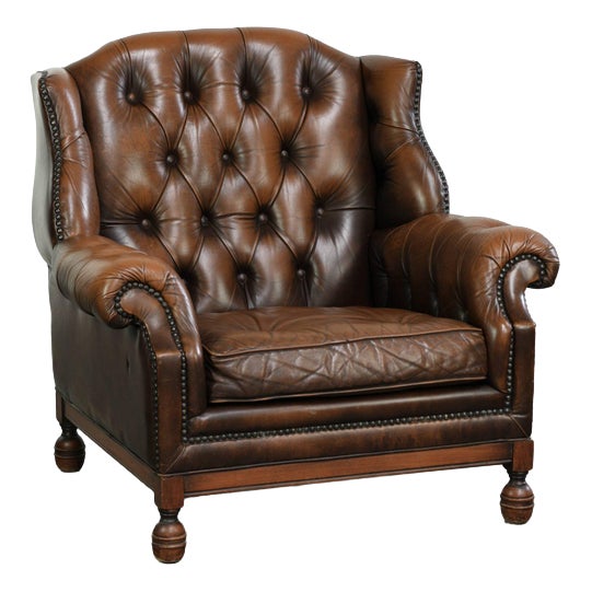 Vintage English Cowhide Chesterfield Wing Armchair For Sale
