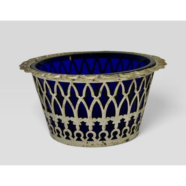 Mid 20th Century Cobalt Blue Silver Plate Filigree Condiment Bowl For Sale - Image 4 of 12