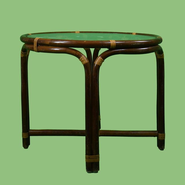 Coastal Round Rattan Fretwork Table For Sale - Image 3 of 4