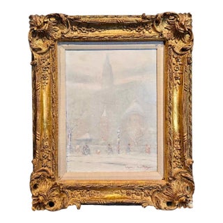 Johann Berthelsen -the Little Church Around the Corner in the Snow -1930s Oil Painting For Sale