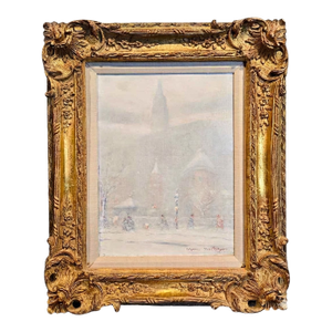 Johann Berthelsen -the Little Church Around the Corner in the Snow -1930s Oil Painting
