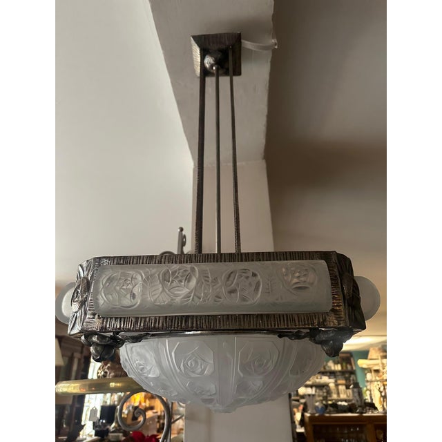 Glass Art Deco Chandelier in Glass and Wrought Iron, 1930s For Sale - Image 7 of 18