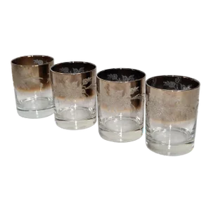 1960s Mid-Century Modern Dorothy Thorpe Style Silver-Tone Embossed Fade Ombre Roly Poly Lowball Whiskey Glasses- Set of 4