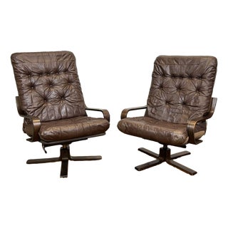 Norwegian Swivel Chairs in Leather and Beech, 1970s, Set of 2 For Sale