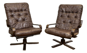 Norwegian Swivel Chairs in Leather and Beech, 1970s, Set of 2