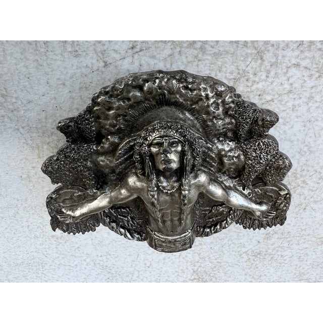 Tribal Vintage 1980s Belt Buckle Pewter Praying Indian Chief Native American Buffalos. For Sale - Image 3 of 9
