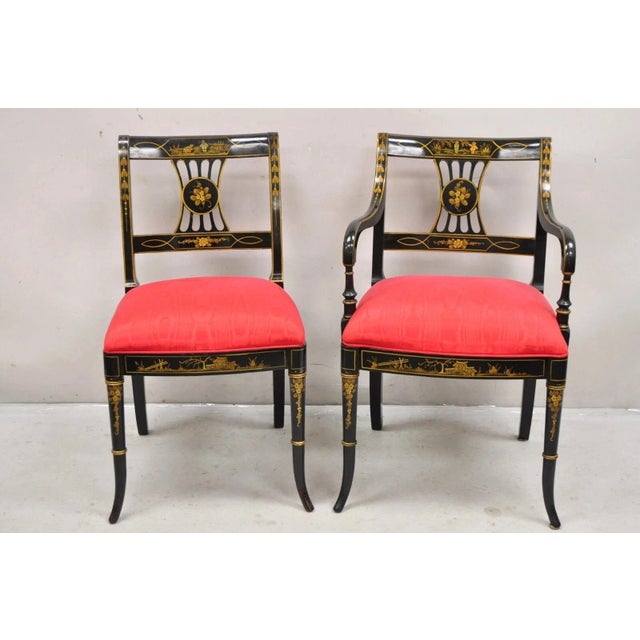 Vintage Union National Chinoiserie English Regency Style Black Painted Dining Chairs - Set of 6. Set includes (2)...