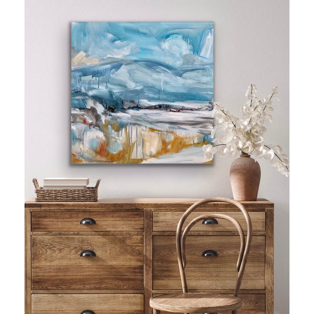 This artwork depicts a serene landscape where a small red structure stands out against a backdrop of soft blues and muted...