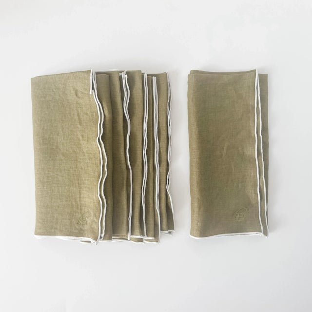 Modern Moss with White Trim Linen Dinner Napkin - Set of 6 For Sale - Image 3 of 3