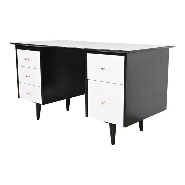 Paul McCobb Planner Group Black and White Lacquered Double Pedestal Desk, Newly Refinished For Sale