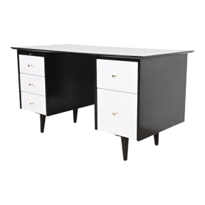 Paul McCobb Planner Group Black and White Lacquered Double Pedestal Desk, Newly Refinished