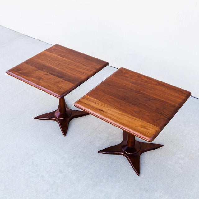 1960s Pair of Restored Mid Century Modern Solid Walnut Side Tables on Sculpted Base For Sale - Image 12 of 12
