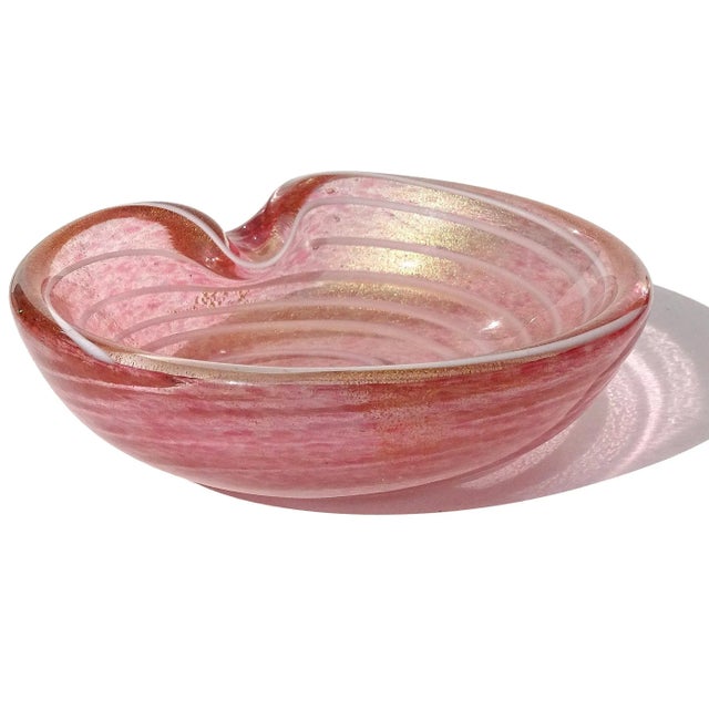 Beautiful vintage Murano hand blown pink, white and gold flecks Italian art glass bowl, vide-poche. Documented to designer...