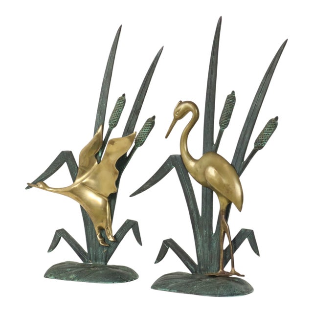 Mid-Century Heron and Duck Figurines in Brass and Green Metal, 1950s, Set of 2 For Sale - Image 12 of 14