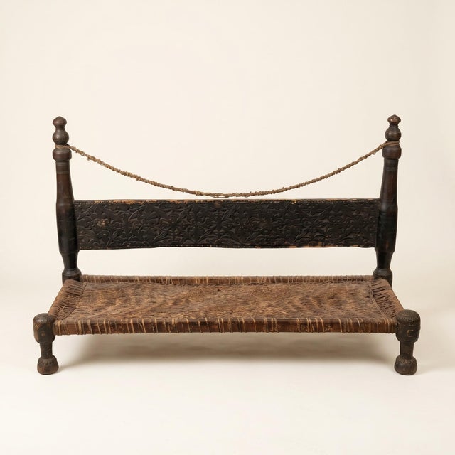 Antique Swat Valley Carved Wood and Rope Charpai Bench For Sale - Image 4 of 4