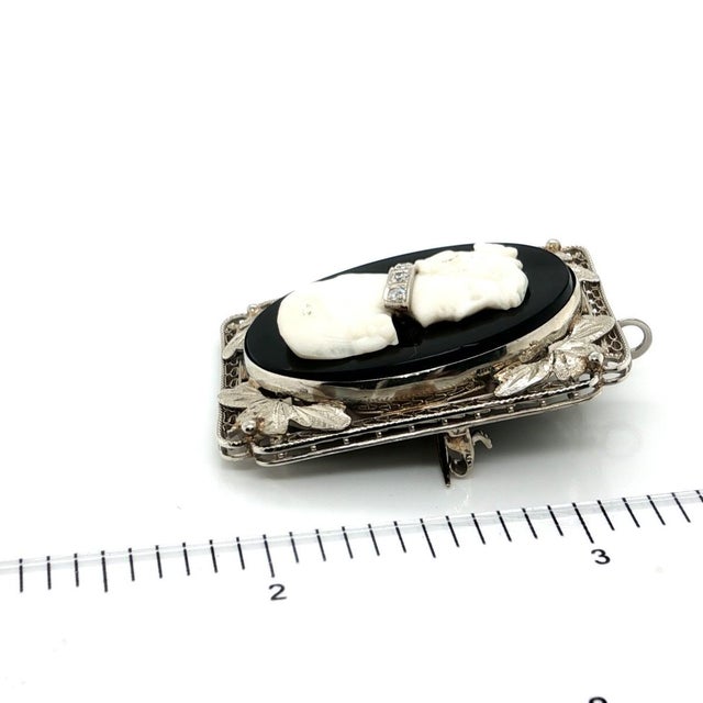Mid 20th Century 14k White Gold Vintage Cameo Pin Pendant Diamond Onyx Floral Filigree For Sale - Image 9 of 9