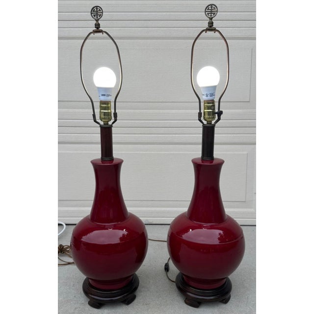 Pair of Vintage Chinese Oxblood Red Glazed Ceramic Table Lamps – 33.5" For Sale - Image 14 of 18