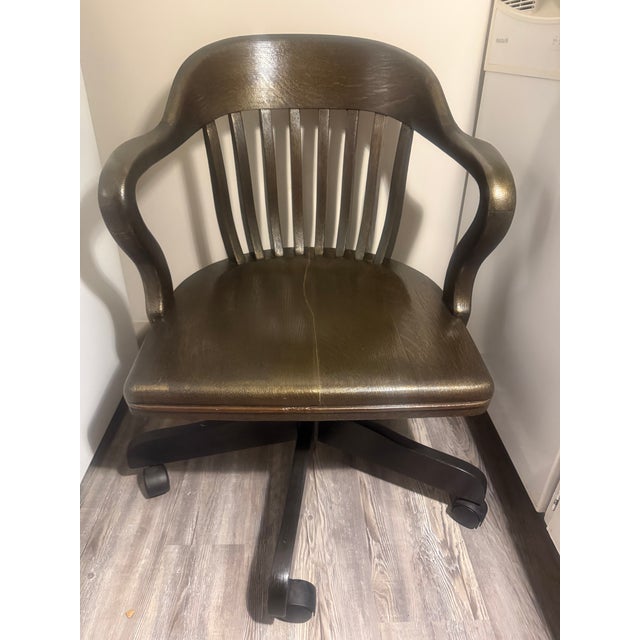 Wood VIntage Custom Kintsugi Brass Inlay White Oak Banker’s Chair – Ebonized Executive Desk Chair For Sale - Image 7 of 9