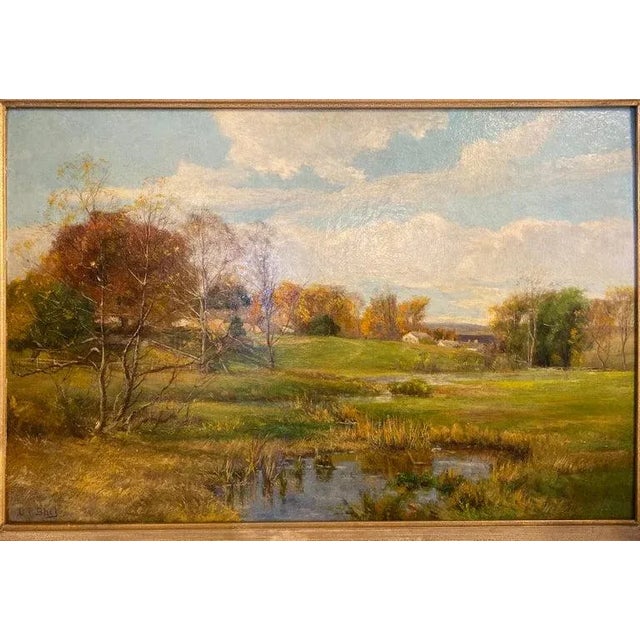 A fine estate oil on canvas laid down on board by Olive Parker Black (American 1868-1948) of an Autumn Landscape. 16 1/8...
