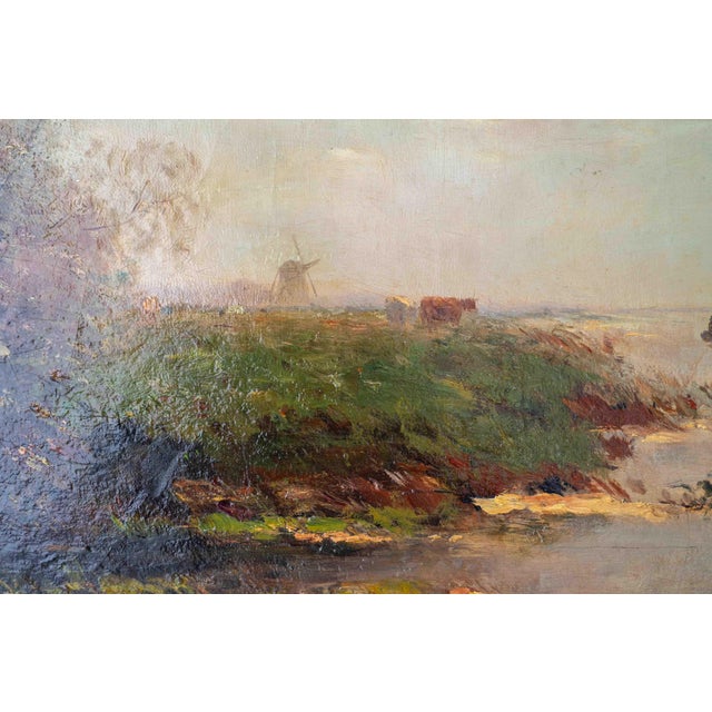 Early 20th Century Large Dutch Hague School Windmill Landscape Oil Painting with Polder Lake & Sailboat by Victor Bauffe, Circa 1900, Framed For Sale - Image 5 of 18