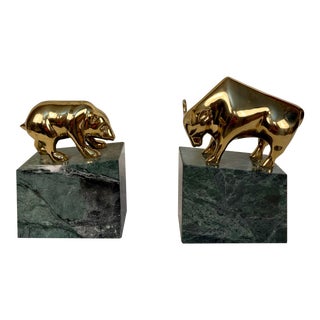 Vintage Brass Bull & Bear Stock Market Bookends - a Pair For Sale