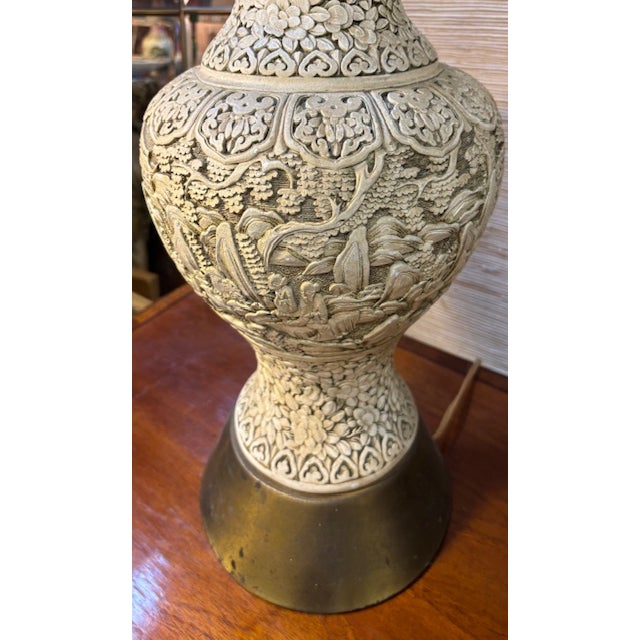 Early Mid Century Incised, Carved Chalkware Asian Lamp For Sale - Image 4 of 5