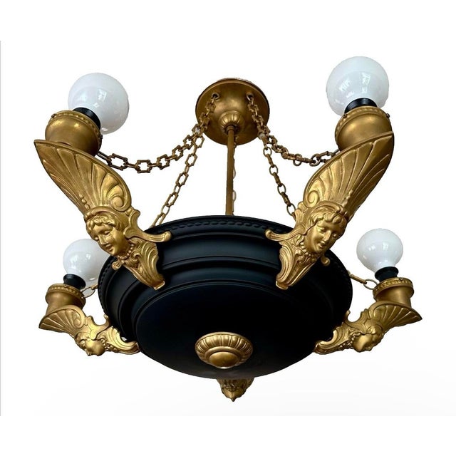 1920s 1920s Art Deco Brass Chandelier Black Flat Paint, Roman Woman Motifs, Geometric Chain For Sale - Image 5 of 12