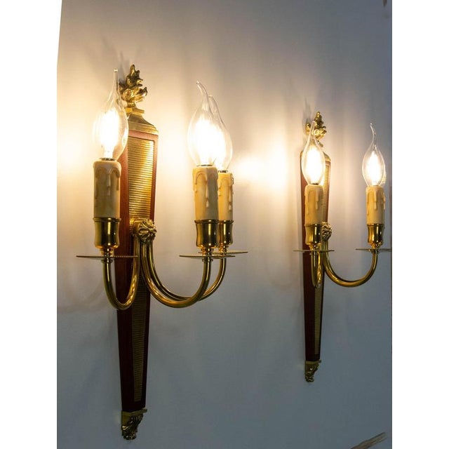 Louis XVI Triple Sconces in Brass and Iroko, 1960s, Set of 2 For Sale - Image 6 of 13