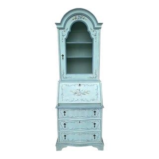 Late 20th Century Vintage Baker Knapp & Tubbs, Secretary Desk Painted Blue With Delicate Painted Flowers For Sale