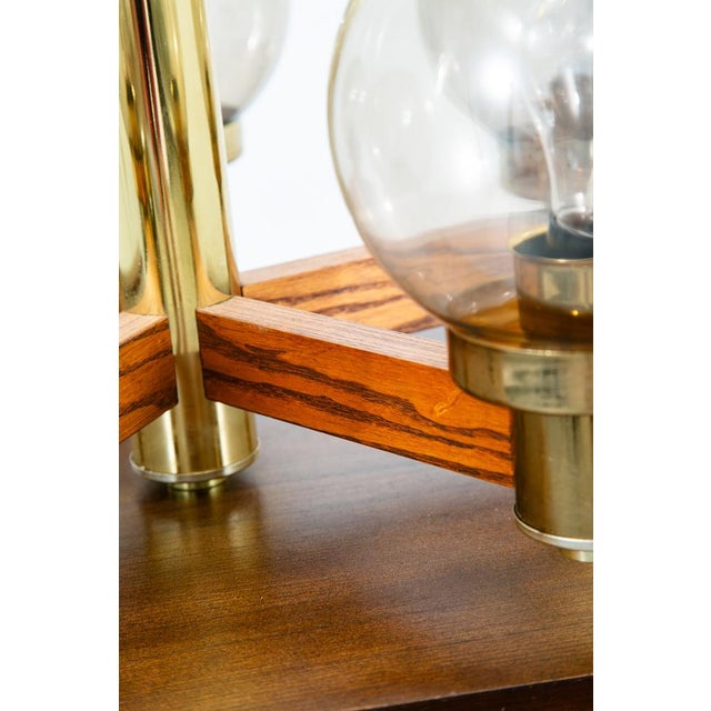 Brass 1960s Mid Century Modern Chandelier Light Lamp Brass Oak Wood 5 Light Ceiling Glass For Sale - Image 8 of 12